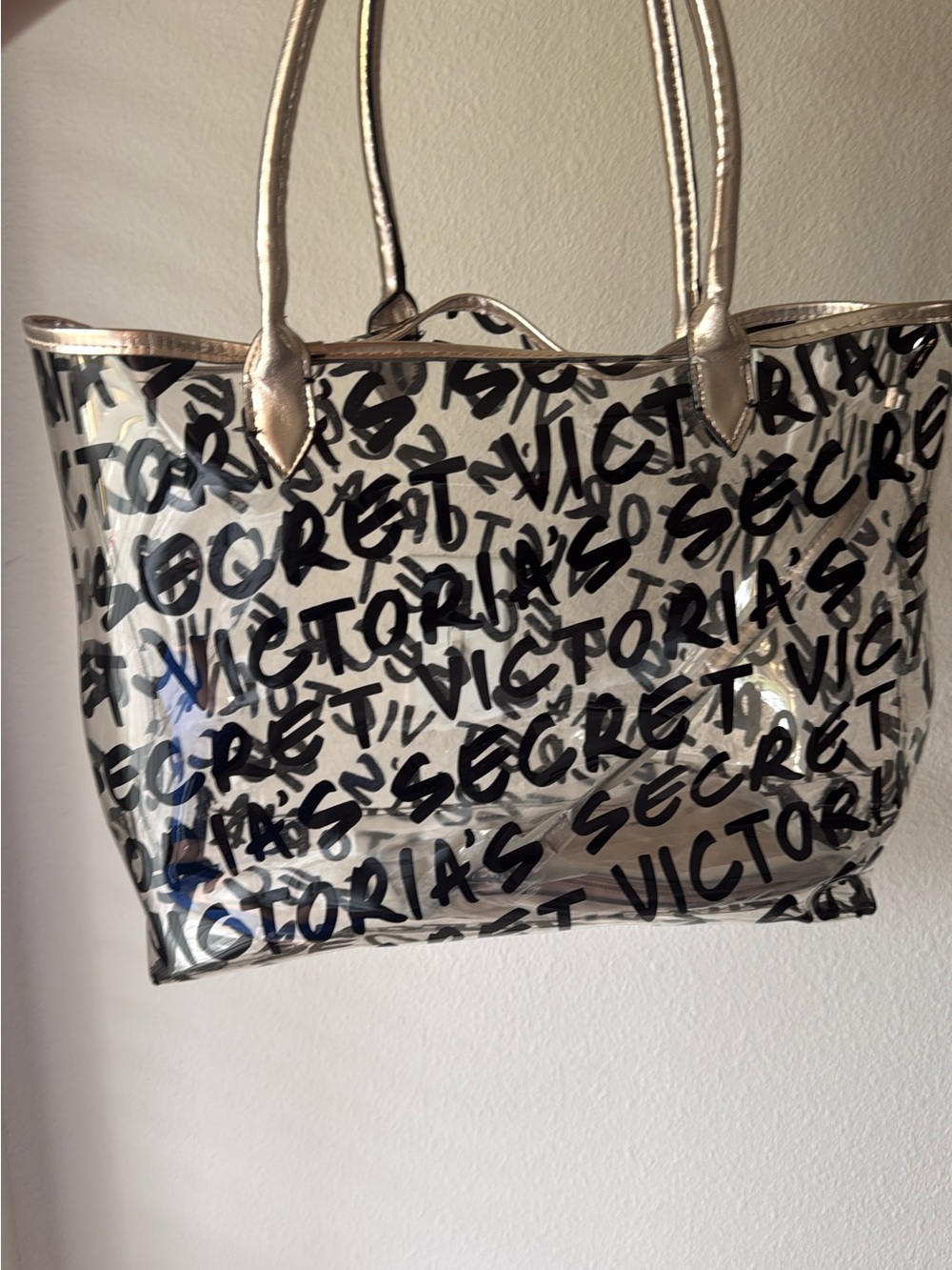 Victoria's Secret Clear Tote with Metallic Trim and Black Script